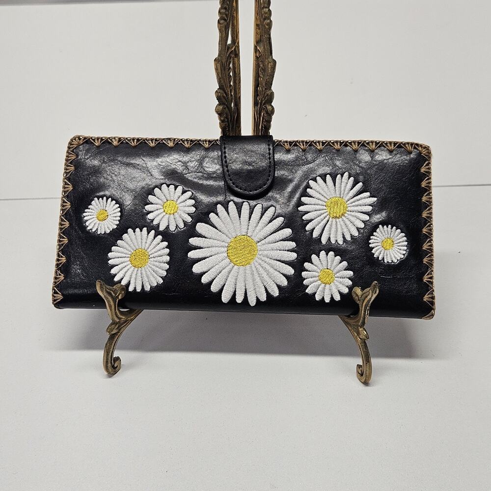 Lavishy Black Travel Folding Wallet Daisy Flowers Hippy Love Flower Checkbook